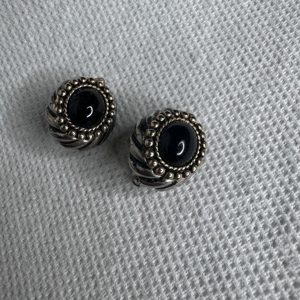 Vintage Clip On Earrings Black Cabachon Silver Tone Gold Accent Costume Jewelry